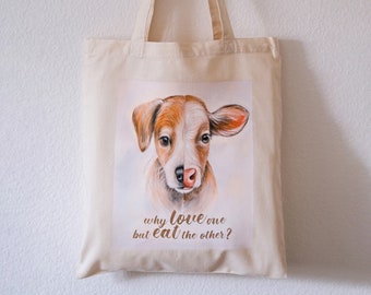 Organic cotton bag, Natural Raw, printed on one side, animal rights, vegan art