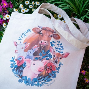 Natural coloured organic cotton bag, printed on one side, animal rights, vegan art