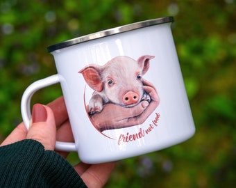 Emaille Tasse, zweiseitig bedruckt, Tierrechte, Vegan Art