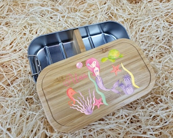 Personalisierte Brotdose mit Bambusdeckel | Edelstahl | Weissblech | Meerjungfrau