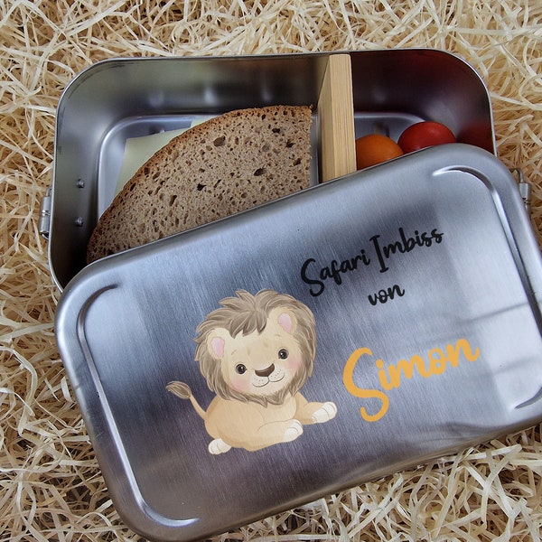 Personalisierte Brotdose aus Edelstahl mit Löwe