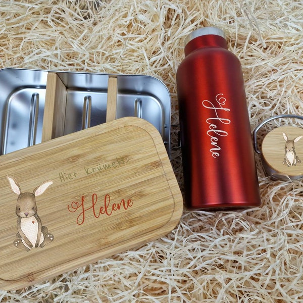 Set aus personalisierter Brotdose & Trinkflasche mit Bambusdeckel | Edelstahl | Weissblech