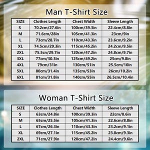 Op de afbeelding: Een tabel met T-shirt maten voor mannen en vrouwen. De tabel geeft maten van S tot 6XL weer en bevat metingen in inches en centimeters voor de kledinglengte, borstbreedte en mouwlengte.