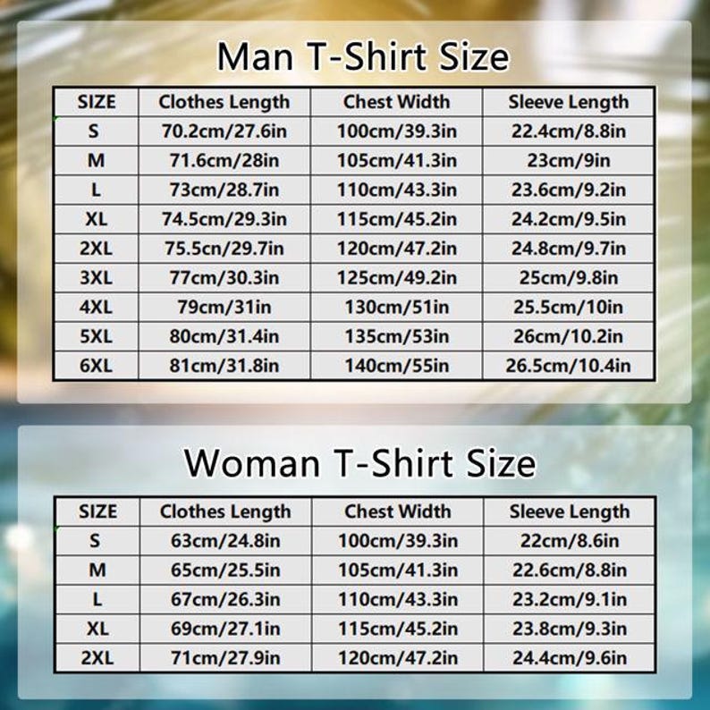 Op de afbeelding: Een tabel met T-shirt maten voor mannen en vrouwen. De tabel geeft maten van S tot 6XL weer en bevat metingen in inches en centimeters voor de kledinglengte, borstbreedte en mouwlengte.