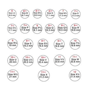 May include: A chart of ring sizes with corresponding measurements in millimetres. The chart is organised by size, with each size listed in a circle. The sizes range from 6 to 12, with increments of 1/4 size.