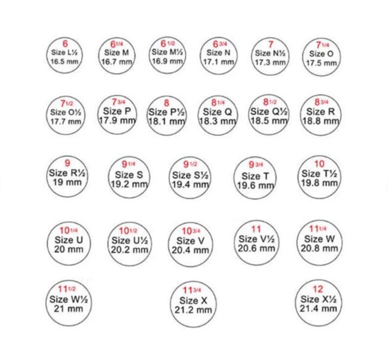 May include: A chart of ring sizes with corresponding measurements in millimetres. The chart is organised by size, with each size listed in a circle. The sizes range from 6 to 12, with increments of 1/4 size.