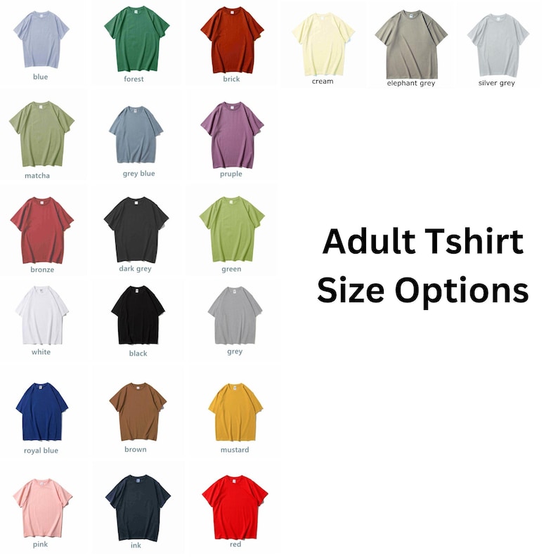 Może przedstawiać: Prezentacja koszulek dla dorosłych w r&oacute;żnych kolorach, takich jak niebieski, zielony i czerwony. Wyświetlany jest tekst "Adult Tshirt Size Options". Każda koszulka jest w jednolitym kolorze, z kr&oacute;tkimi rękawami i okrągłym dekoltem.