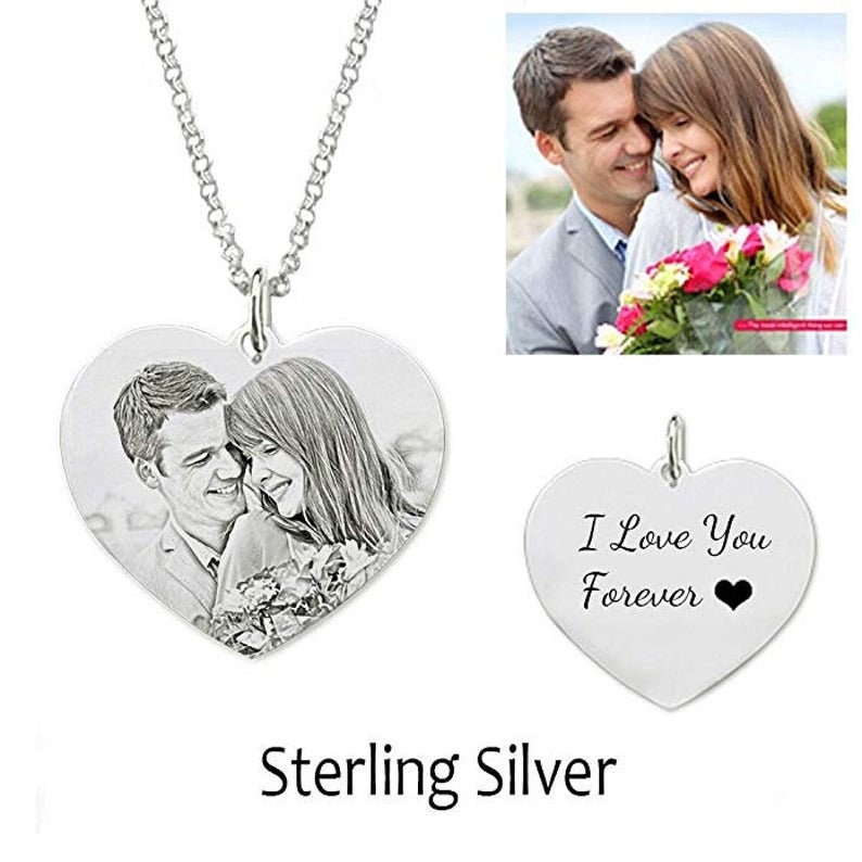 Personalised 925 Sterling Silver Engraved Heart Photo Pendant Necklace