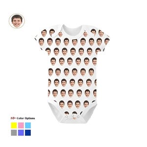 May include: White baby onesie with a repeating pattern of a person's face. The onesie has short sleeves and poppers at the bottom. 10+ Colour Options are shown below the onesie.