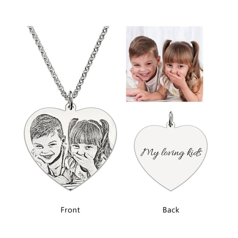 Personalised 925 Sterling Silver Engraved Heart Photo Pendant Necklace