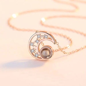Personalized Photo Projection Necklace: Sterling Silver Crescent Moon, 100 Languages Love