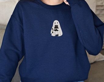 Embroidered Halloween Sweatshirt: Ghost Holding Cat Crewneck
