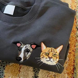 Può includere: Felpa grigio scuro con immagini ricamate di un cane e un gatto. Il cane ha il pelo bianco e nero con orecchie rosa, e il gatto è arancione e bianco. La felpa è piegata su una superficie a fantasia.