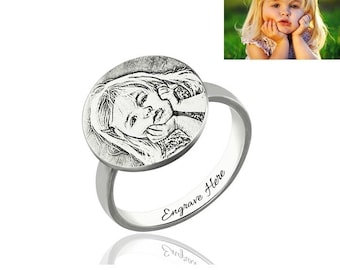 Bague en argent sterling photo personnalisée Bague personnalisée en argent 925 Bague photo avec texte gravé Cadeau d'anniversaire Cadeau de Noël pour la fête des mères