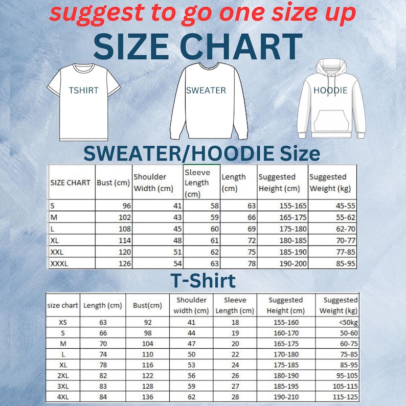 Może przedstawiać: Tabela rozmiar&oacute;w dla t-shirt&oacute;w, swetr&oacute;w i bluz z kapturem, z wymiarami w centymetrach i kilogramach. Tabela zawiera obw&oacute;d klatki piersiowej, szerokość ramion, długość rękawa oraz sugerowany wzrost i wagę. Tekst na g&oacute;rze m&oacute;wi "sugerujemy wybrać rozmiar większy".