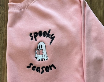 Embroidered Ghost Reading Book Sweatshirt - Spooky Season Halloween Crewneck