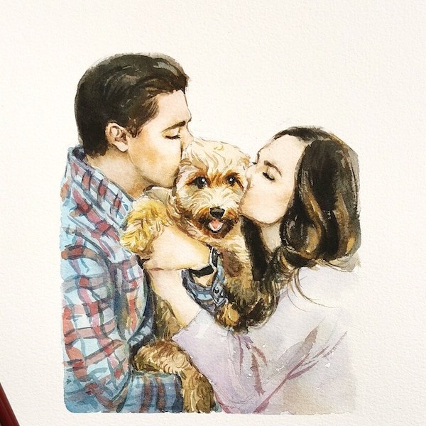 Custom Portrait with Pet, Watercolor Pet Portrait Hand Painted, Personalized Unique Couple Gift for Dog Lover, Wedding Birthday Gift for Him