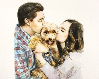 Custom Portrait with Pet, Watercolor Pet Portrait Hand Painted, Personalized Unique Couple Gift for Dog Lover, Wedding Birthday Gift for Him