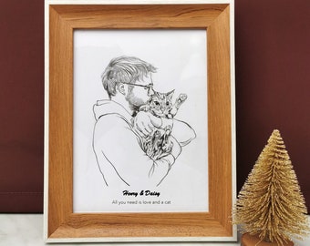 Benutzerdefinierte Linie Zeichnung, Hand gezeichnet Familienporträt mit Haustieren, Bleistift Skizze vom Foto, Hund Katze Liebhaber Geschenk, Katzenmama Geschenk, personalisiertes Geschenk