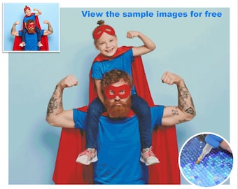 May include: A father and child dressed as superheroes, wearing blue shirts, red capes, and masks. The image includes the text "View the sample images for free". A smaller image shows the same scene.