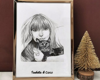 Custom Pet and Human Portrait, Hand Drawn Family Portrait with Pets, Line Drawing from Photo, Personalized Dog Cat Parents Memorial Gift