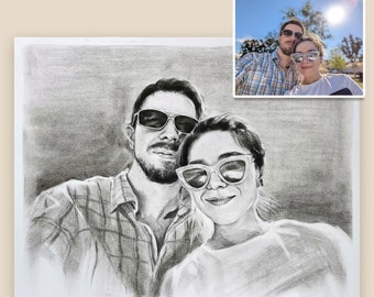 Custom Charcoal Couple Portrait: Hand-Drawn Sketch from Photo