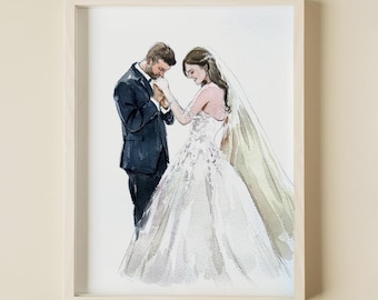 Puede incluir: Una pintura de acuarela de una pareja con atuendo de boda. El novio lleva un traje negro y la novia lleva un vestido blanco con un velo largo.