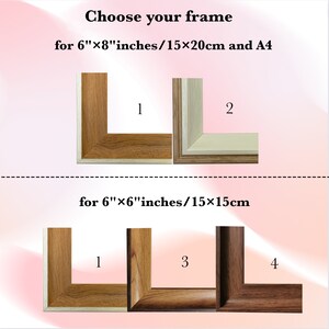 May include: Image showcasing four different frame styles. The text reads "Choose your frame" and specifies sizes: 6"x8" inches and 6"x6" inches. The frames are numbered 1, 2, 3, and 4, with varying wood tones and finishes.