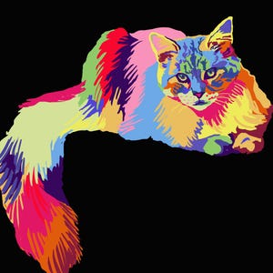 May include: A colorful pop art style illustration of a cat on a black background. The cat's fur is rendered in a vibrant array of colors, including blue, yellow, pink, red, and green. The cat is lying down, with its tail extended.