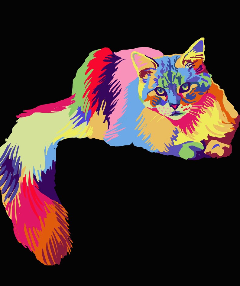 May include: A colorful pop art style illustration of a cat on a black background. The cat's fur is rendered in a vibrant array of colors, including blue, yellow, pink, red, and green. The cat is lying down, with its tail extended.