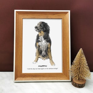 May include: A framed illustration of a black and white dog sitting. The dog is looking to the left. The frame is brown wood with a white border. The text below the dog reads "Muffin" and "Until the day we meet again on the rainbow bridge."