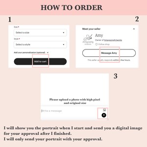 May include: A graphic showing instructions on how to order a product. The image includes sections for selecting size and style, adding personalization, and adding to cart. It also shows how to message the seller and upload a photo.