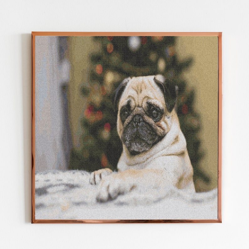 May include: A pug dog with a brown and black face sits in front of a decorated Christmas tree. The dog is looking directly at the camera.