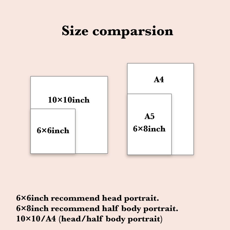 May include: Size comparison chart for prints.  A 6x6 inch print is recommended for a head portrait, a 6x8 inch print is recommended for a half body portrait, and a 10x10 inch or A4 print is recommended for a head or half body portrait.