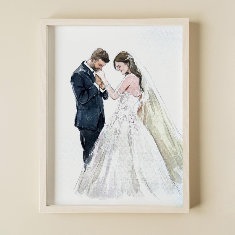 Pode incluir: Uma pintura em aquarela de um casal em trajes de casamento. O noivo est&aacute; vestindo um terno preto e a noiva est&aacute; vestindo um vestido branco com um v&eacute;u longo.