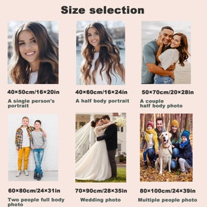 May include: Size selection chart for photo prints.  The chart shows different sizes and corresponding descriptions for single person, couple, and group photos.  Sizes are listed in inches and centimeters.
