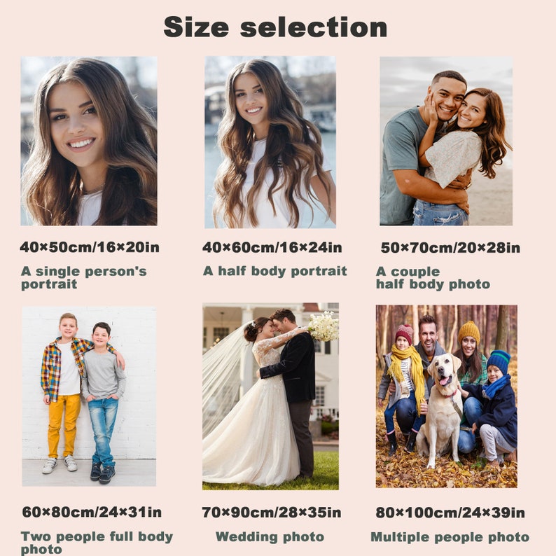 May include: Size selection chart for photo prints.  The chart shows different sizes and corresponding descriptions for single person, couple, and group photos.  Sizes are listed in inches and centimeters.