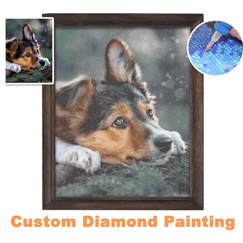 May include: A custom diamond painting kit featuring a brown and black dog with a white chest, lying down and looking to the right. The dog is in a forest setting with a blurred background. The kit includes a canvas, diamonds, and tools.