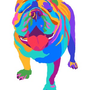 May include: A colorful illustration of a bulldog in a pop art style. The dog is depicted with a variety of bright colors, including blue, orange, green, and purple. The dog's tongue is red, and it appears to be panting.