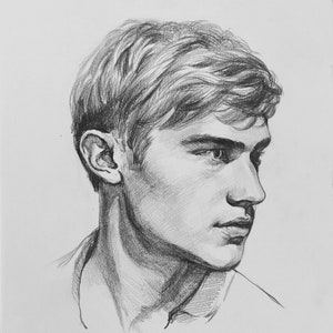 May include: A black and white pencil drawing of a person's face. The person has short, wavy hair and is looking to the right. The drawing is done in a realistic style.