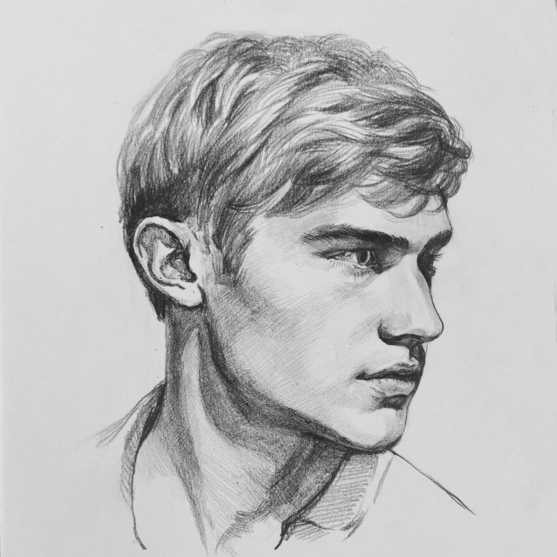 May include: A black and white pencil drawing of a person's face. The person has short, wavy hair and is looking to the right. The drawing is done in a realistic style.