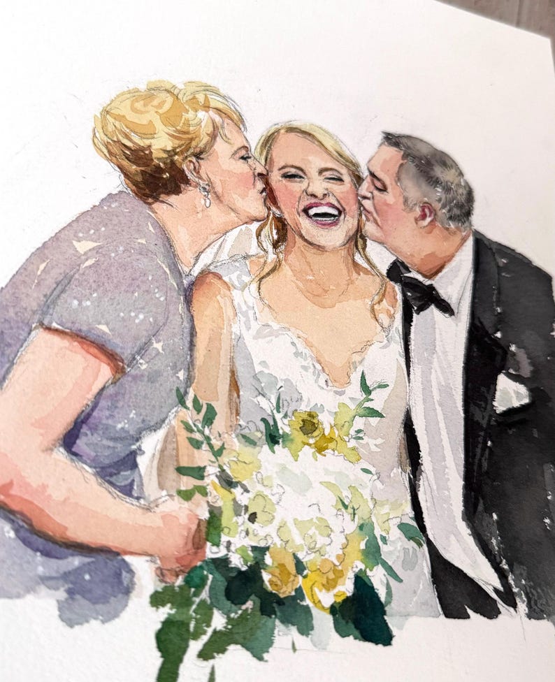 Pode incluir: Uma pintura em aquarela de uma noiva sendo beijada nas bochechas por seus pais. A noiva est&aacute; vestindo um vestido de noiva branco e segurando um buqu&ecirc; de flores brancas e amarelas. Os pais est&atilde;o sorrindo e olhando para a noiva.