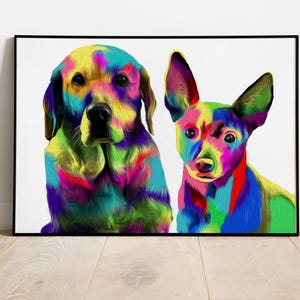 May include: A framed art print featuring two dogs with vibrant, colorful fur. The larger dog has floppy ears, while the smaller dog has pointed ears. The artwork uses a rainbow palette of colors, including yellow, blue, green, and purple.