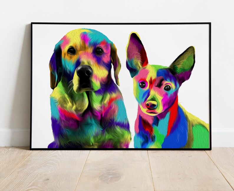 May include: A framed art print featuring two dogs with vibrant, colorful fur. The larger dog has floppy ears, while the smaller dog has pointed ears. The artwork uses a rainbow palette of colors, including yellow, blue, green, and purple.