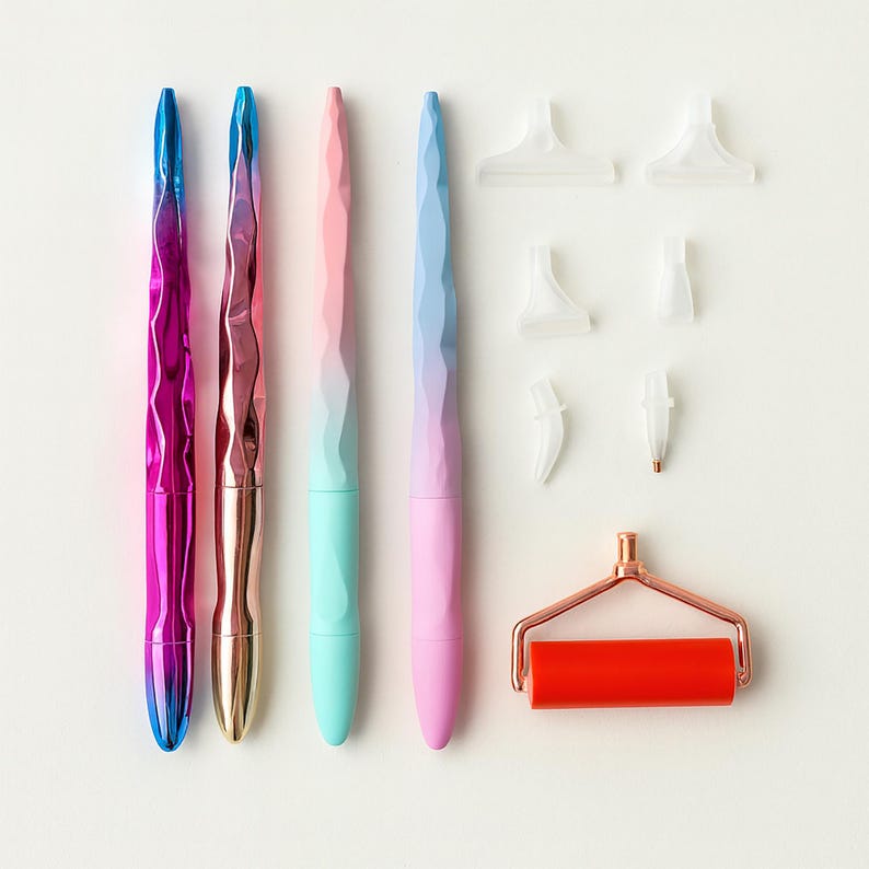 May include: A collection of diamond painting tools, including four pens with faceted, ombre-colored barrels in blue, pink, and gold. Also included are various applicator tips and a small, red roller.