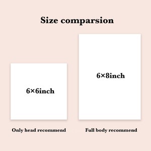 May include: Image comparing two rectangular white canvases. One is 6x6 inches, the other is 6x8 inches. Text above reads "Size comparison." Below the canvases, text indicates "Only head recommend" and "Full body recommend."