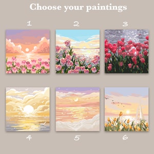 May include: Six different sunset paintings with various scenes, including pink flowers, a sailboat, and a crescent moon. The paintings are numbered 1 through 6.