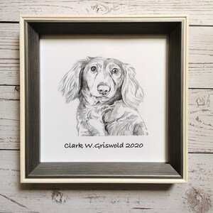 May include: A framed pencil drawing of a long-haired dachshund dog. The artwork is in a gray and white frame with the text "Clark W. Griswold 2020" at the bottom. The dog's fur is detailed with shading.