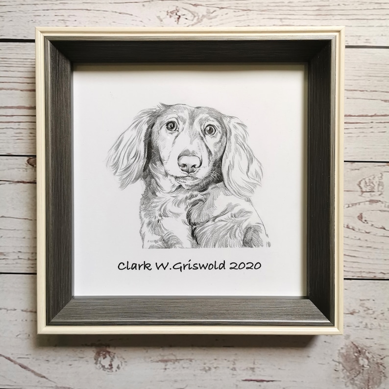May include: A framed pencil drawing of a long-haired dachshund dog. The artwork is in a gray and white frame with the text "Clark W. Griswold 2020" at the bottom. The dog's fur is detailed with shading.