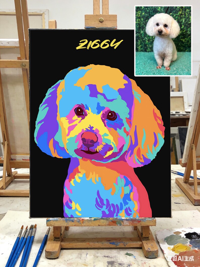 May include: A colorful pop art style painting of a dog on a black canvas. The dog's fur is rendered in vibrant hues of blue, orange, yellow, and purple. The number "21664" is written in yellow. A small photo of the dog is in the upper right corner.